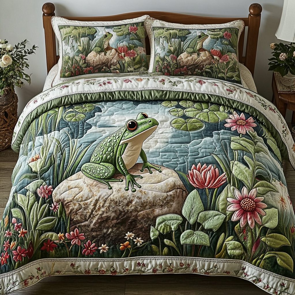 Green Frog quilted 3-piece bedding set on a made bed with two matching pillow shams