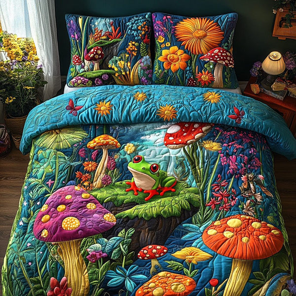 Green Grove Guardians quilted 3-piece bedding set on a made bed with two matching pillow shams