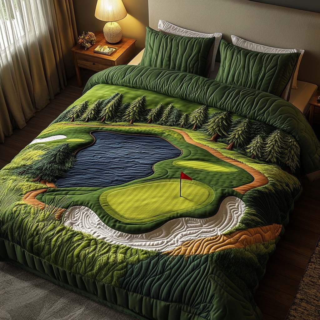 Green Horizon Golf Course quilted 3-piece bedding set on a made bed with two matching pillow shams