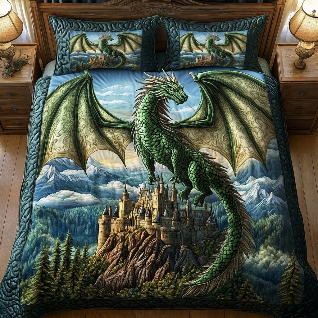 Green Sentinel quilted 3-piece bedding set on a made bed with two matching pillow shams