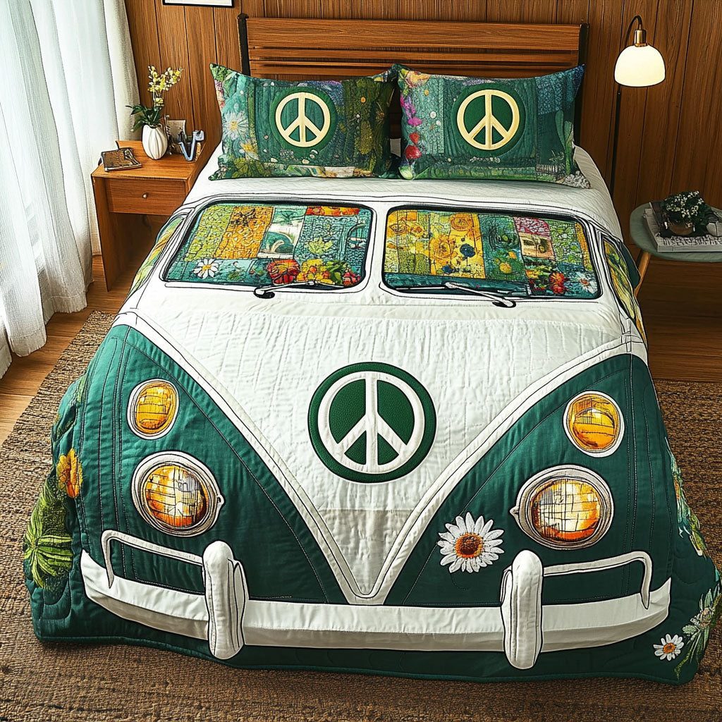 Green Vintage Van quilted 3-piece bedding set on a made bed in a farmhouse bedroom