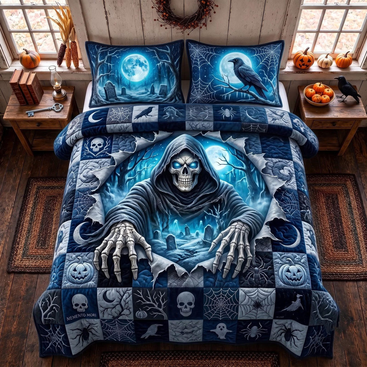 Grim Reaper quilted 3-piece bedding set on a made bed against a dark styled interior