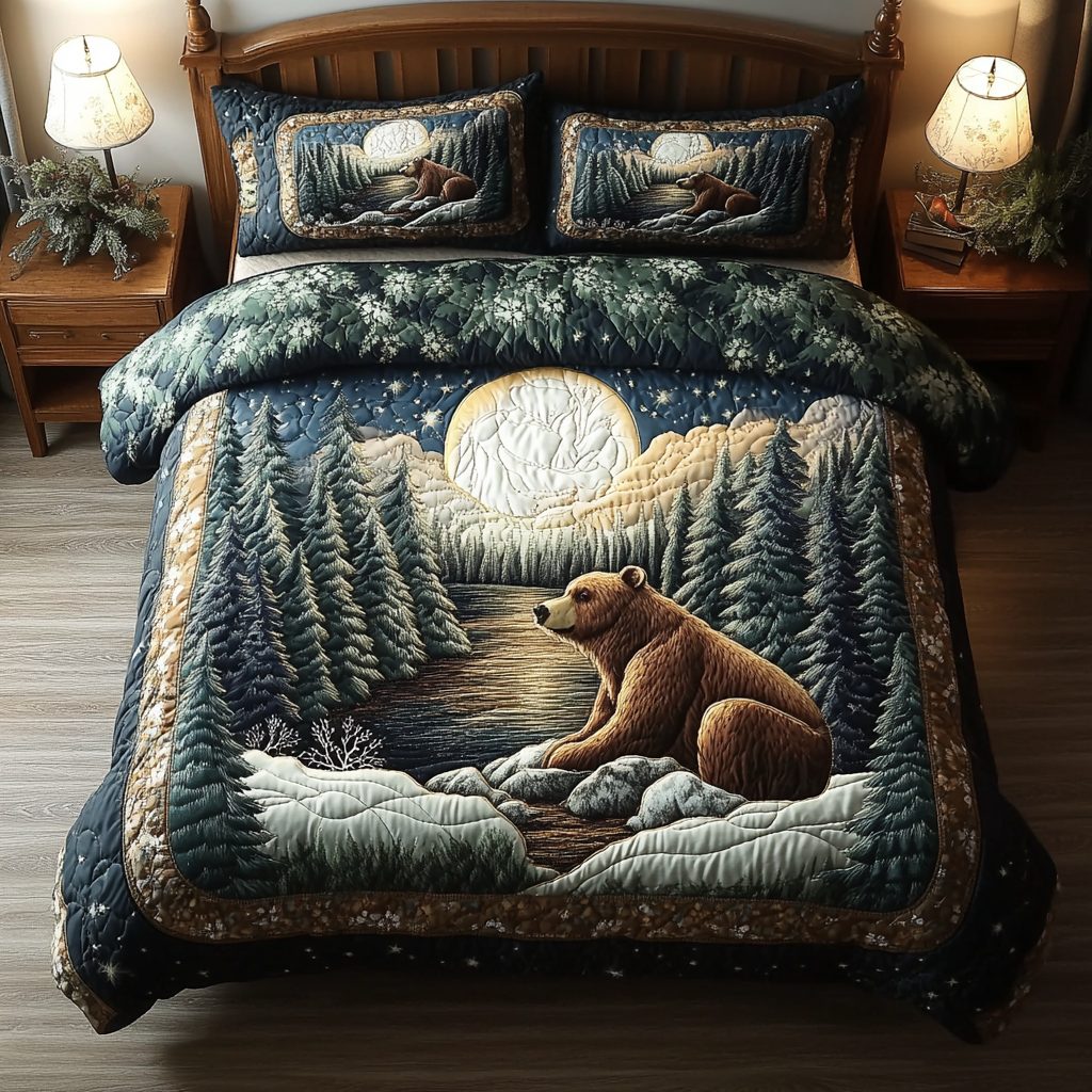 Grizzly Bear quilted 3-piece bedding set on a made bed with two matching pillow shams