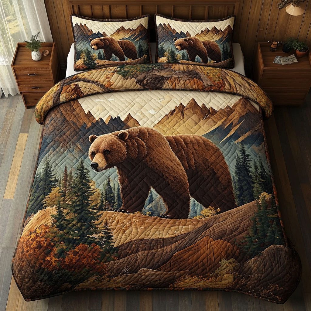 Grizzly Grace quilted 3-piece bedding set on a made bed with two matching pillow shams
