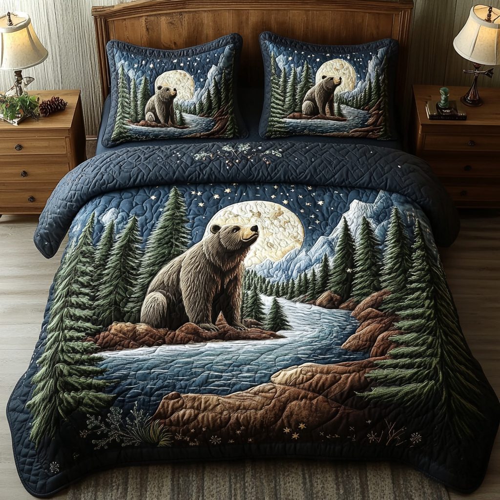 Grizzly Nap quilted 3-piece bedding set on a made bed with two matching pillow shams