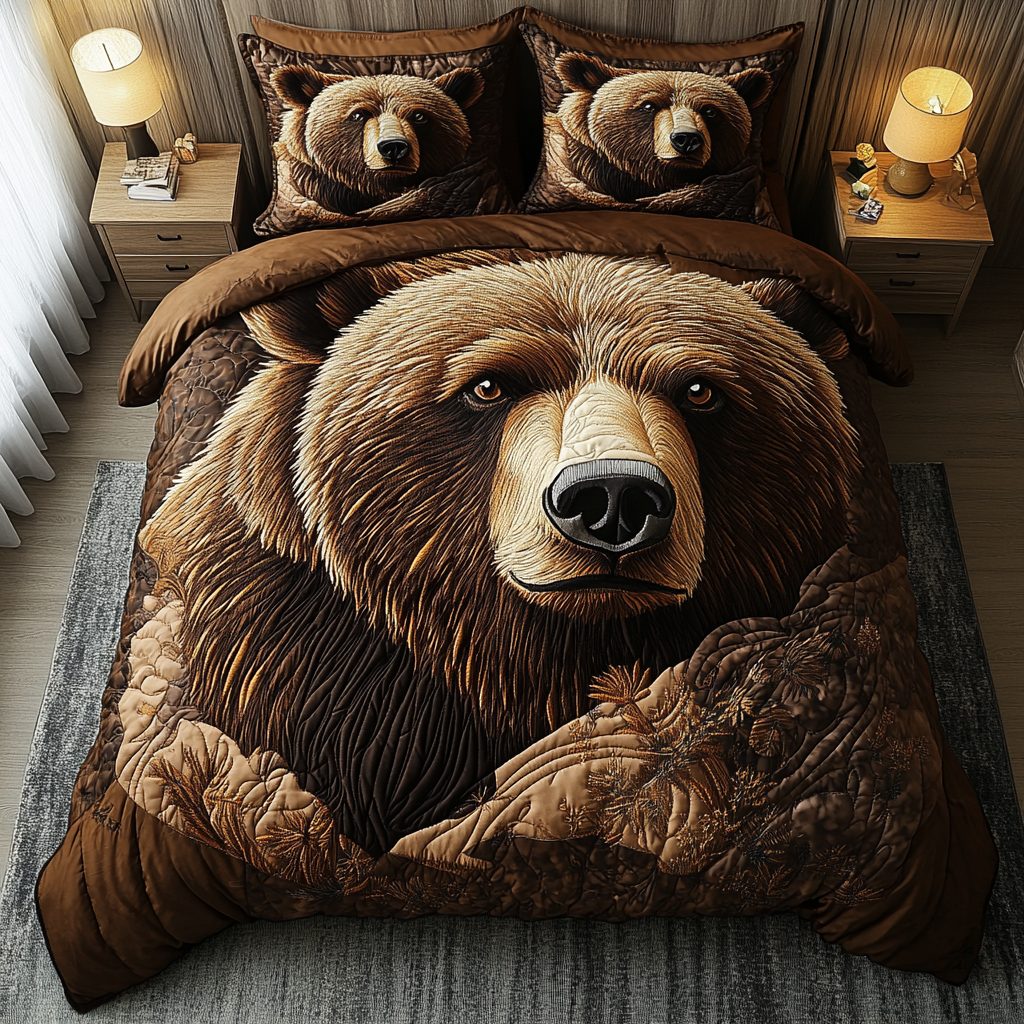 Grizzly Nights quilted 3-piece bedding set on a made bed with two matching pillow shams