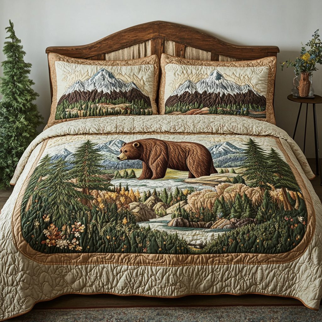 Grizzly Path quilted 3-piece bedding set on a made bed with two matching pillow shams