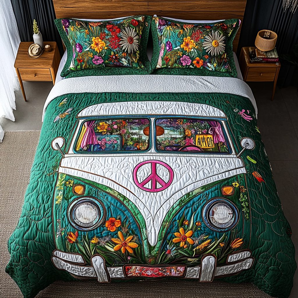 Groove Van quilted 3-piece bedding set on a made bed with two matching pillow shams