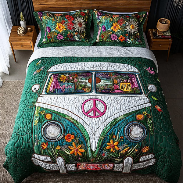 Groove Van quilted 3-piece bedding set on a made bed with two matching pillow shams