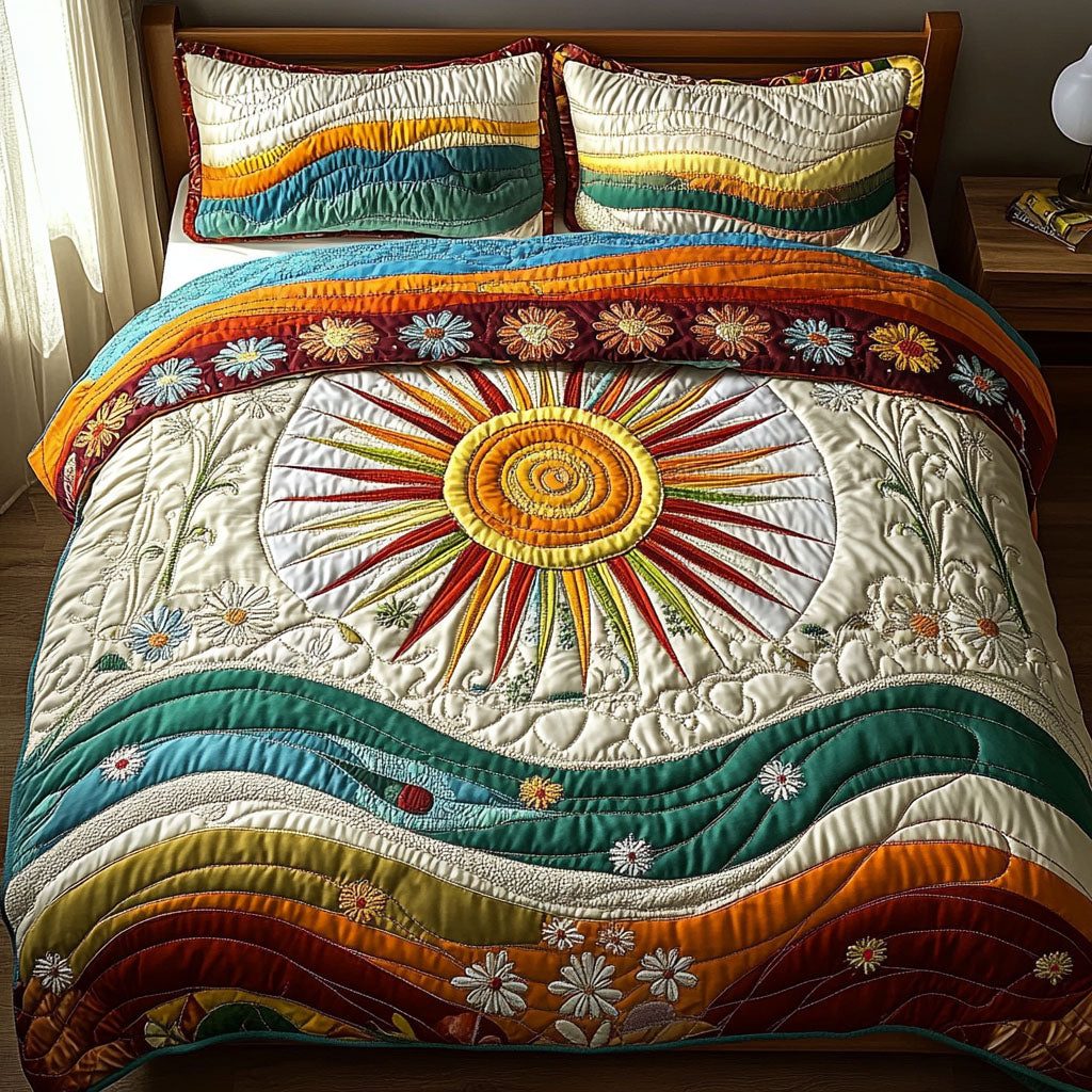 Groovy 70s Dream quilted 3-piece bedding set on a made bed with two matching pillow shams