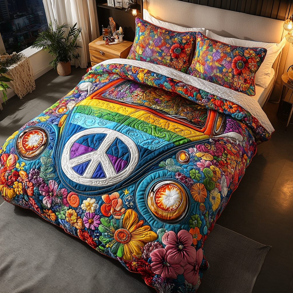 Groovy Beetle quilted 3-piece bedding set on a made bed with two matching pillow shams