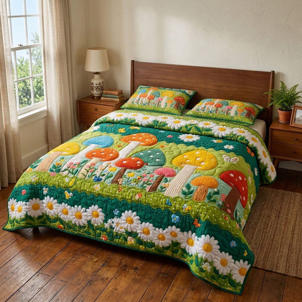 Groovy Daisy Garden quilted 3-piece bedding set on a made bed with two matching pillow shams