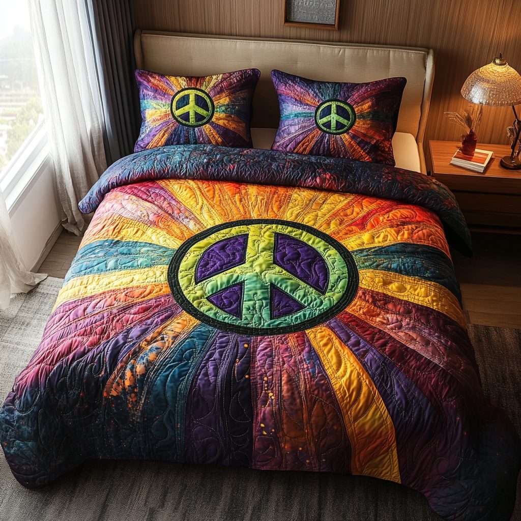 Groovy Days quilted 3-piece bedding set on a made bed with two matching pillow shams