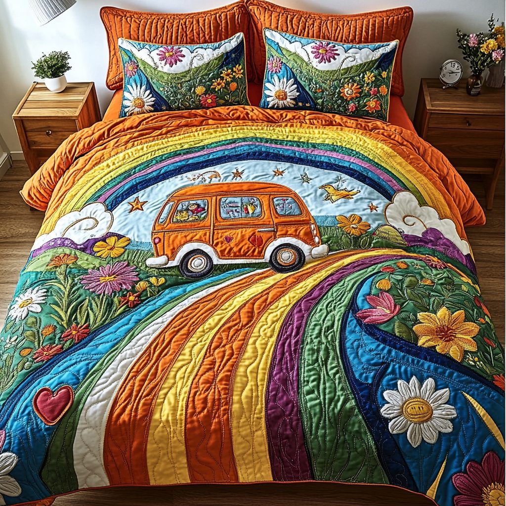 Groovy Getaway quilted 3-piece bedding set on a made bed with two matching pillow shams