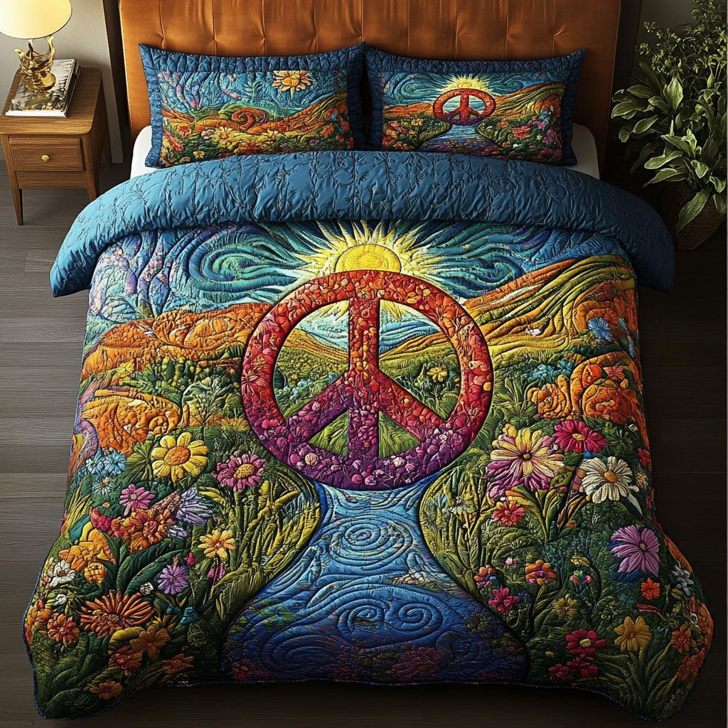 Groovy Getaway quilted 3-piece bedding set on a made bed with two matching pillow shams