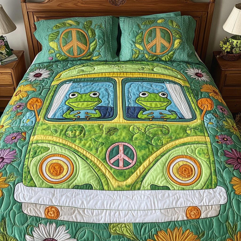 Groovy Leap quilted 3-piece bedding set on a made bed with two matching pillow shams