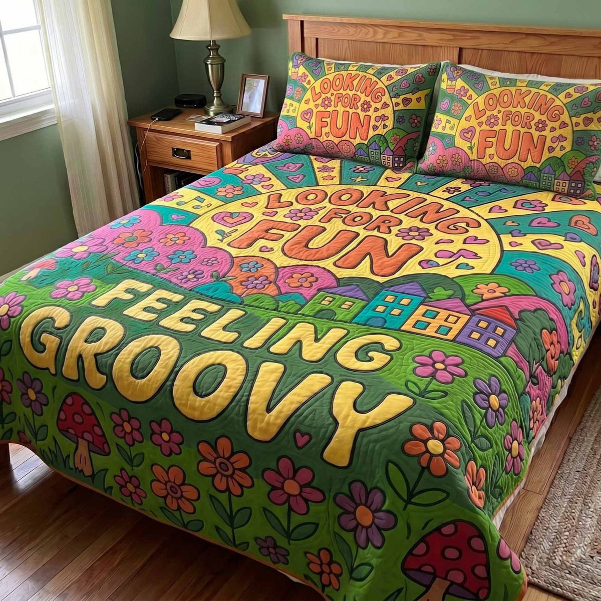 Groovy Life quilted 3-piece bedding set on a made bed with two matching pillow shams