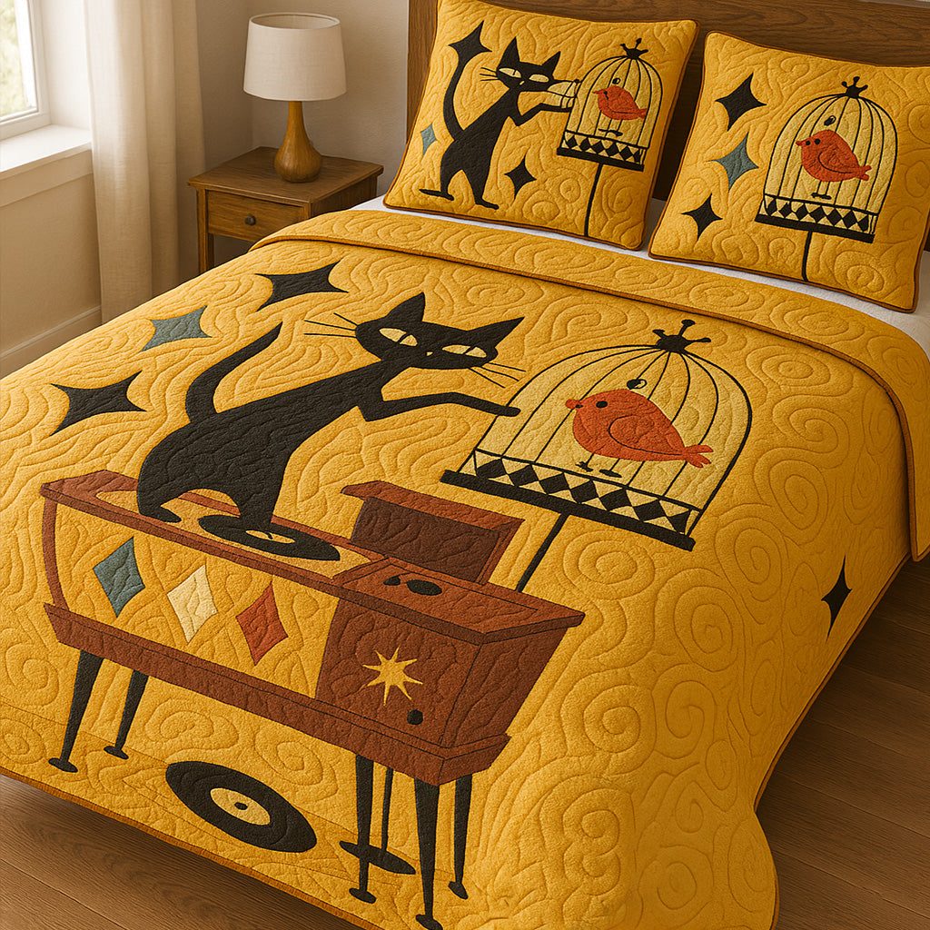 Groovy Mischief quilted 3-piece bedding set on a made bed with two matching pillow shams