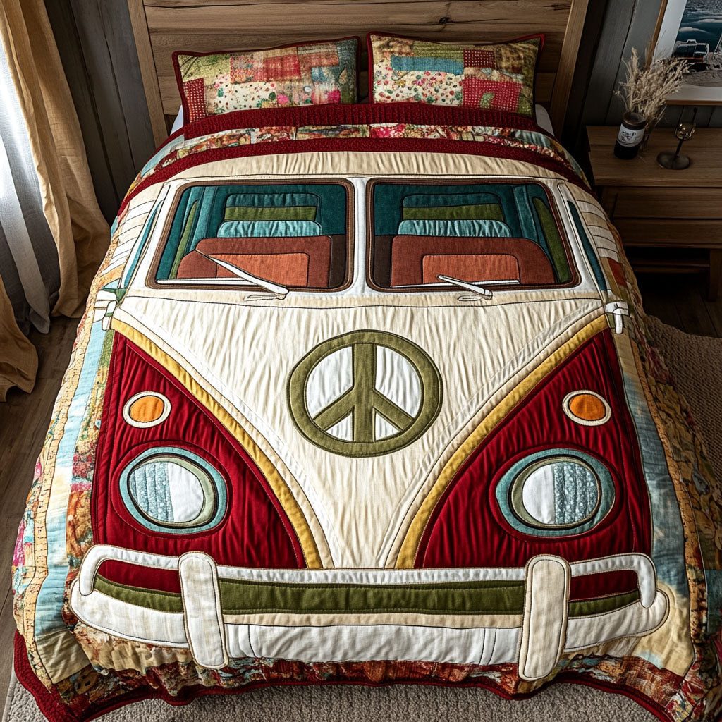 Groovy Ride Dreams quilted 3-piece bedding set on a made bed with two matching pillow shams