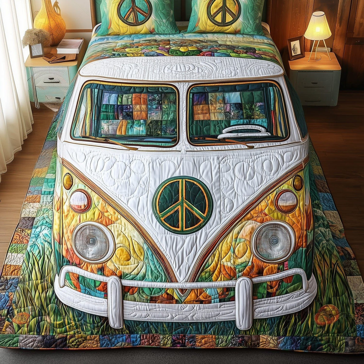 Groovy Ride quilted 3-piece bedding set on a made bed with two matching pillow shams