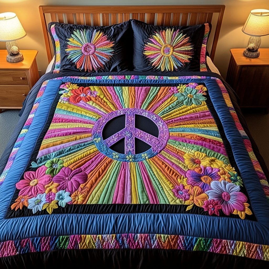 Groovy Vibes quilted 3-piece bedding set on a made bed with two matching pillow shams