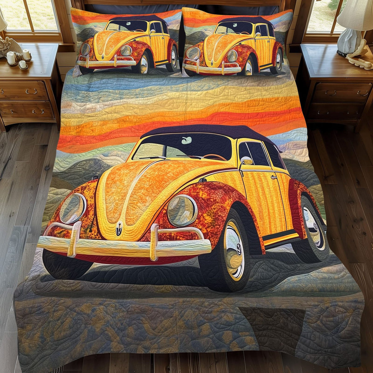 Groovy Wheels quilted 3-piece bedding set on a made bed with two matching pillow shams