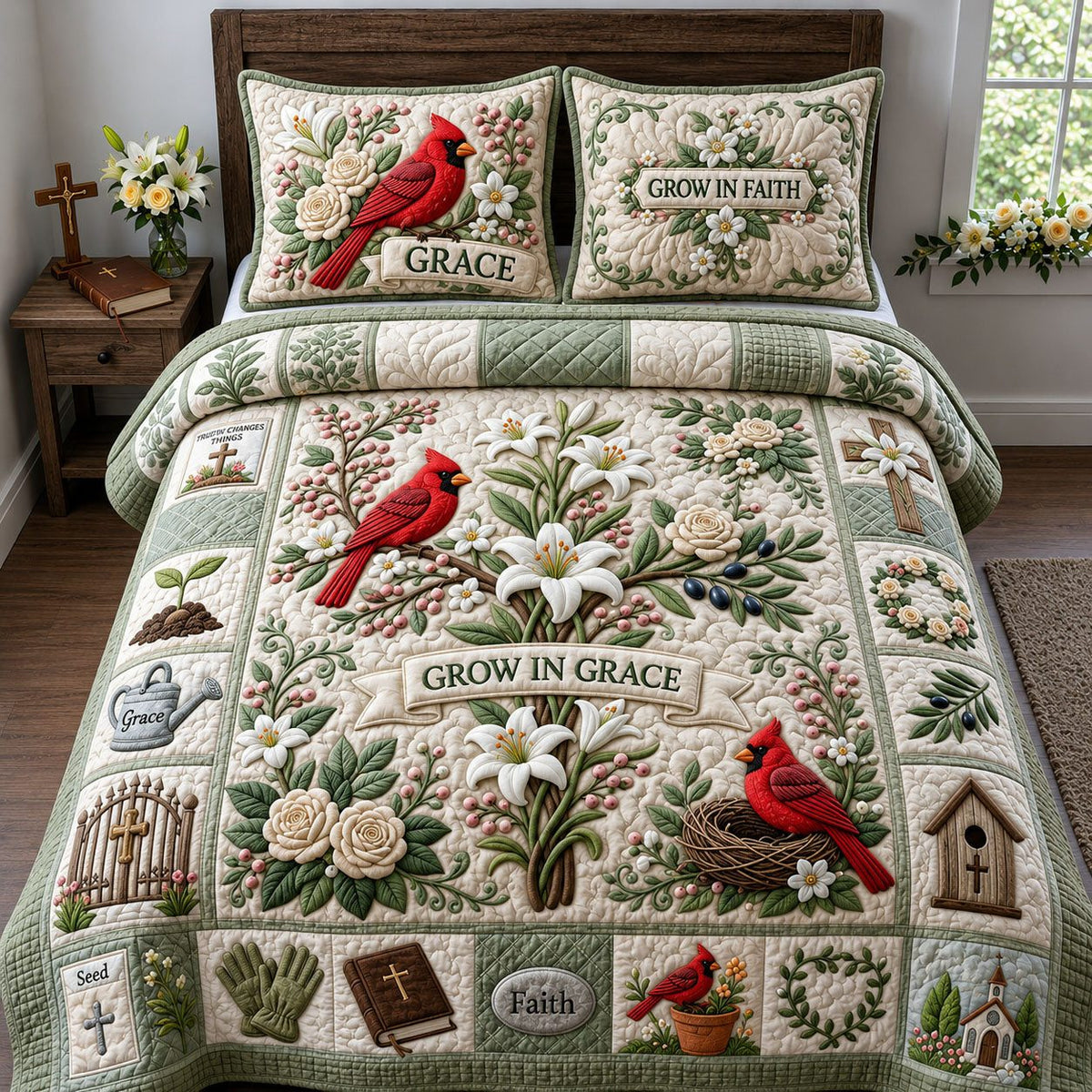 Grow in Grace quilted 3-piece bedding set on a made bed with two matching pillow shams