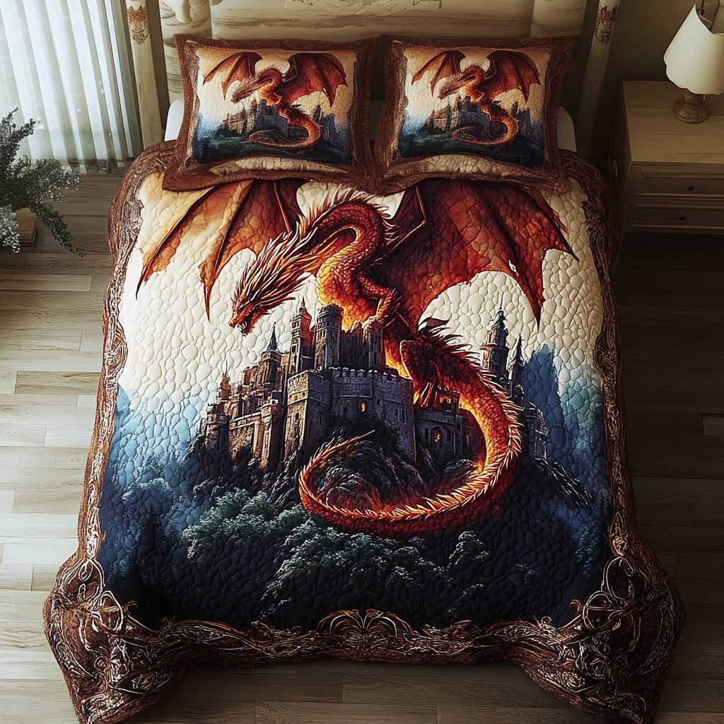 Guardian Flame quilted 3-piece bedding set on a made bed with two matching pillow shams