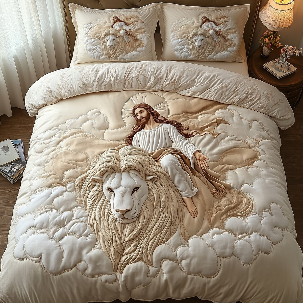 Guardian of Faith quilted 3-piece bedding set on a made bed in a softly lit bedroom