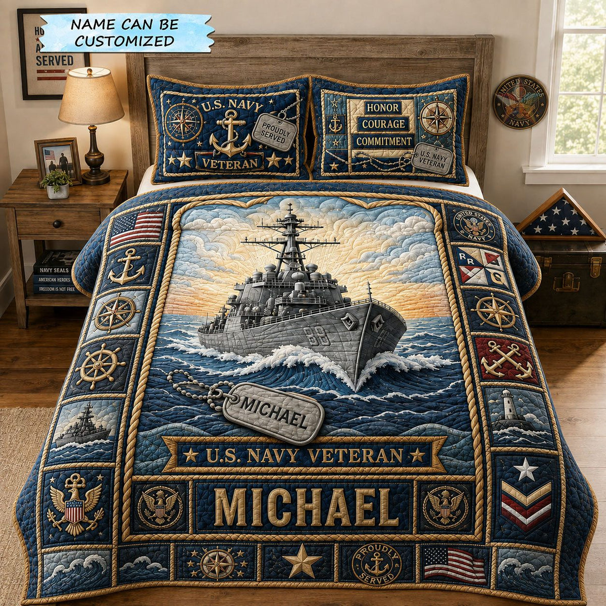 Guardian of the Seas Us Navy quilted 3-piece bedding set on a made bed in a warmly lit bedroom