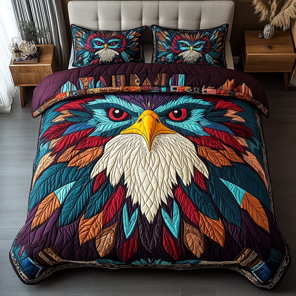 Guardian of the Skies quilted 3-piece bedding set on a made bed with two matching pillow shams