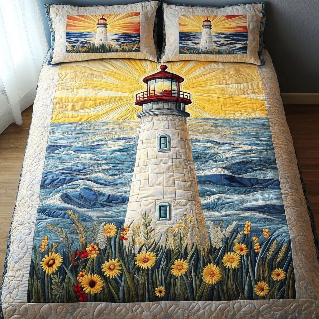 Guiding Light quilted 3-piece bedding set on a made bed with two matching pillow shams