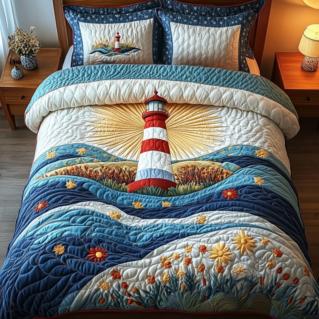 Guiding Star quilted 3-piece bedding set on a made bed with two matching pillow shams