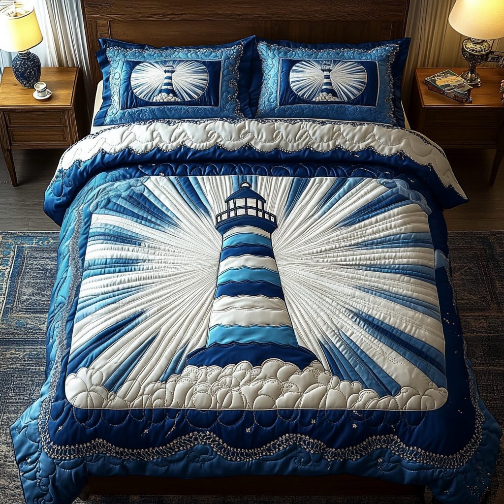 Guiding Star quilted 3-piece bedding set on a made bed with two matching pillow shams