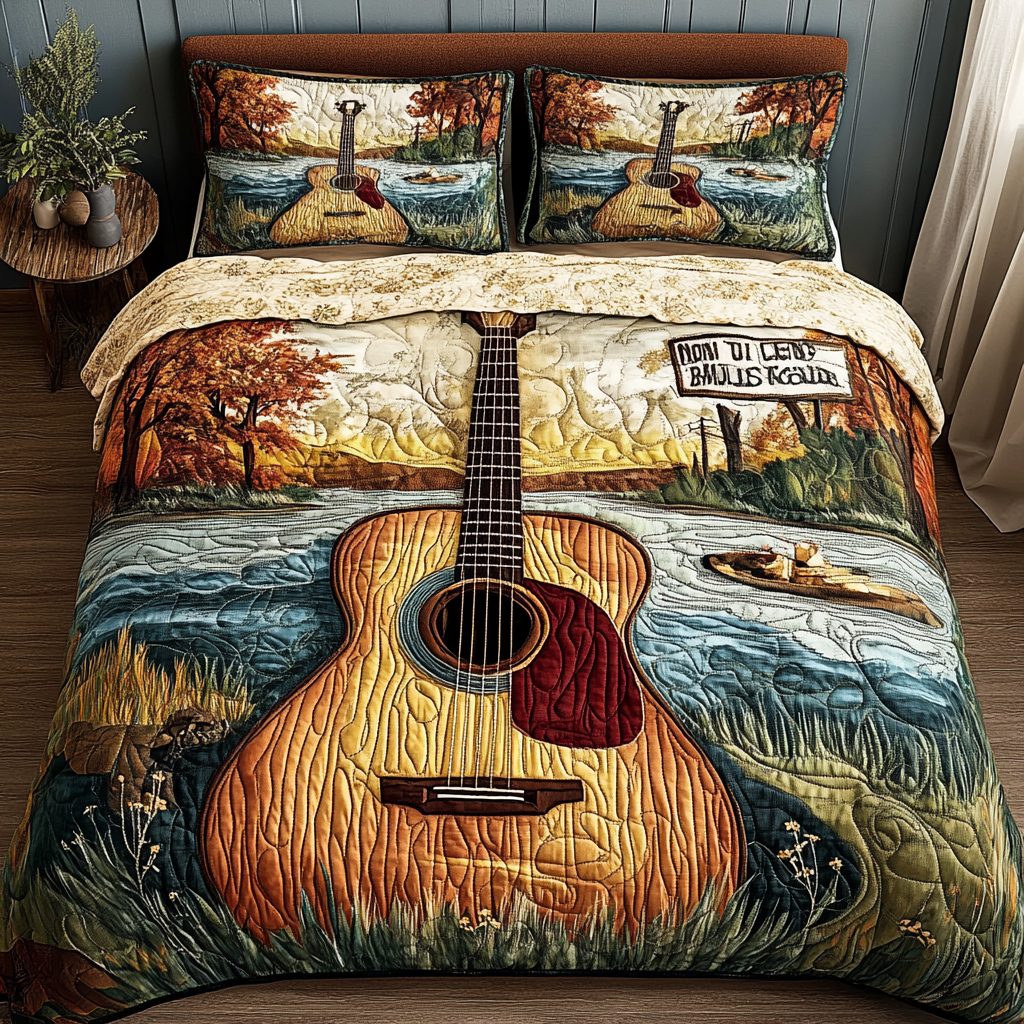 Guitar Haven quilted 3-piece bedding set on a made bed with two matching pillow shams