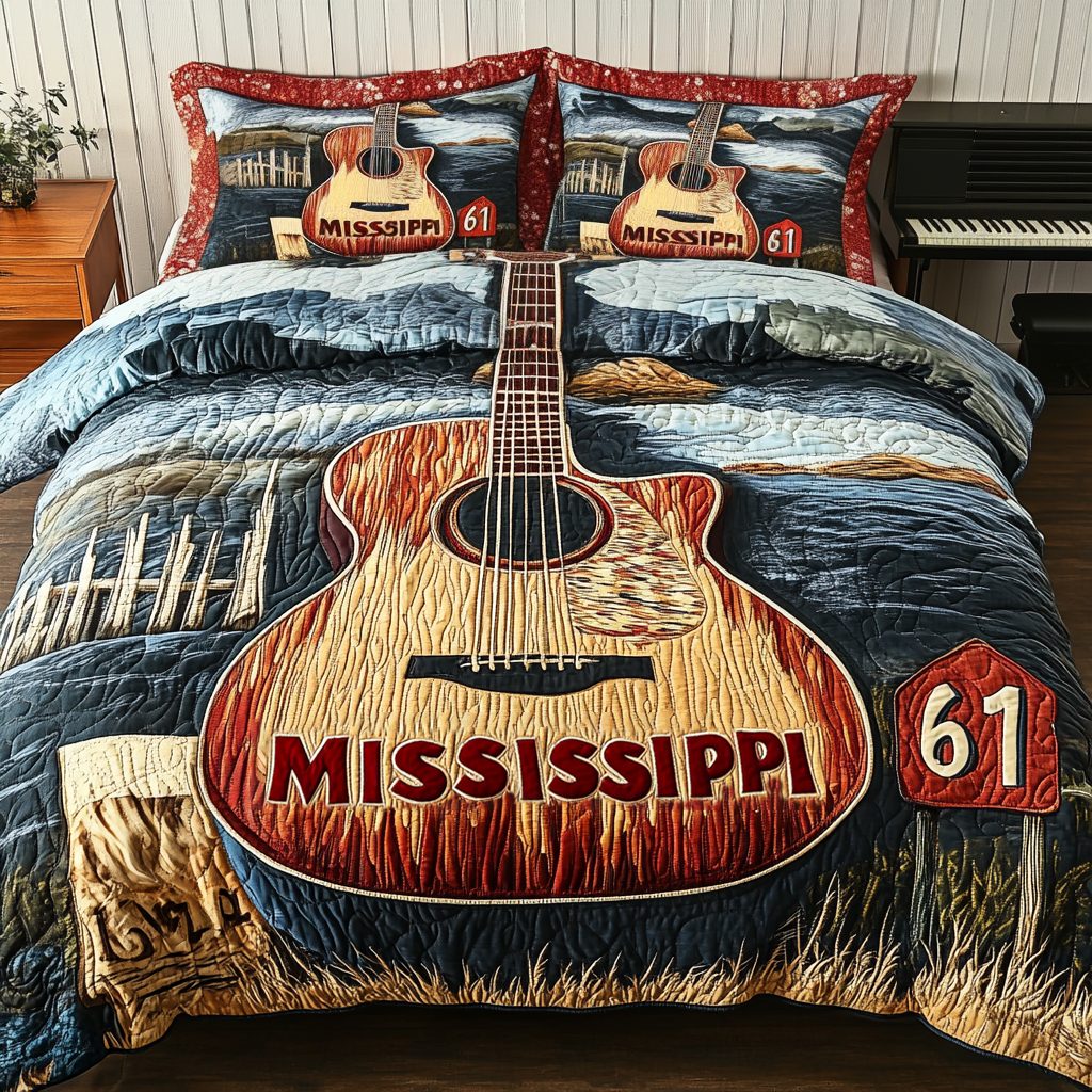 Guitar Reflection quilted 3-piece bedding set on a made bed with two matching pillow shams