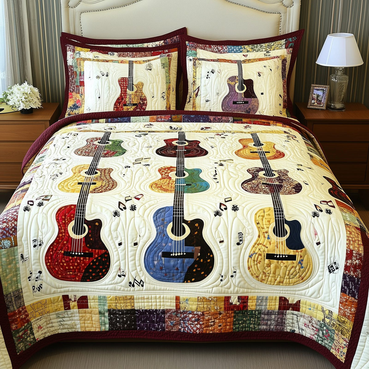 Guitars quilted 3-piece bedding set on a made bed with two matching pillow shams