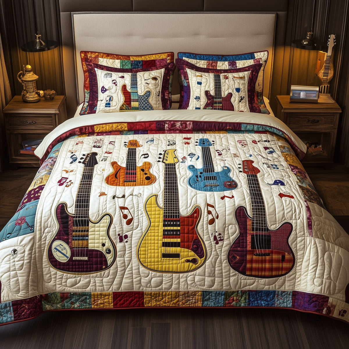 Guitars quilted 3-piece bedding set on a made bed with two matching pillow shams