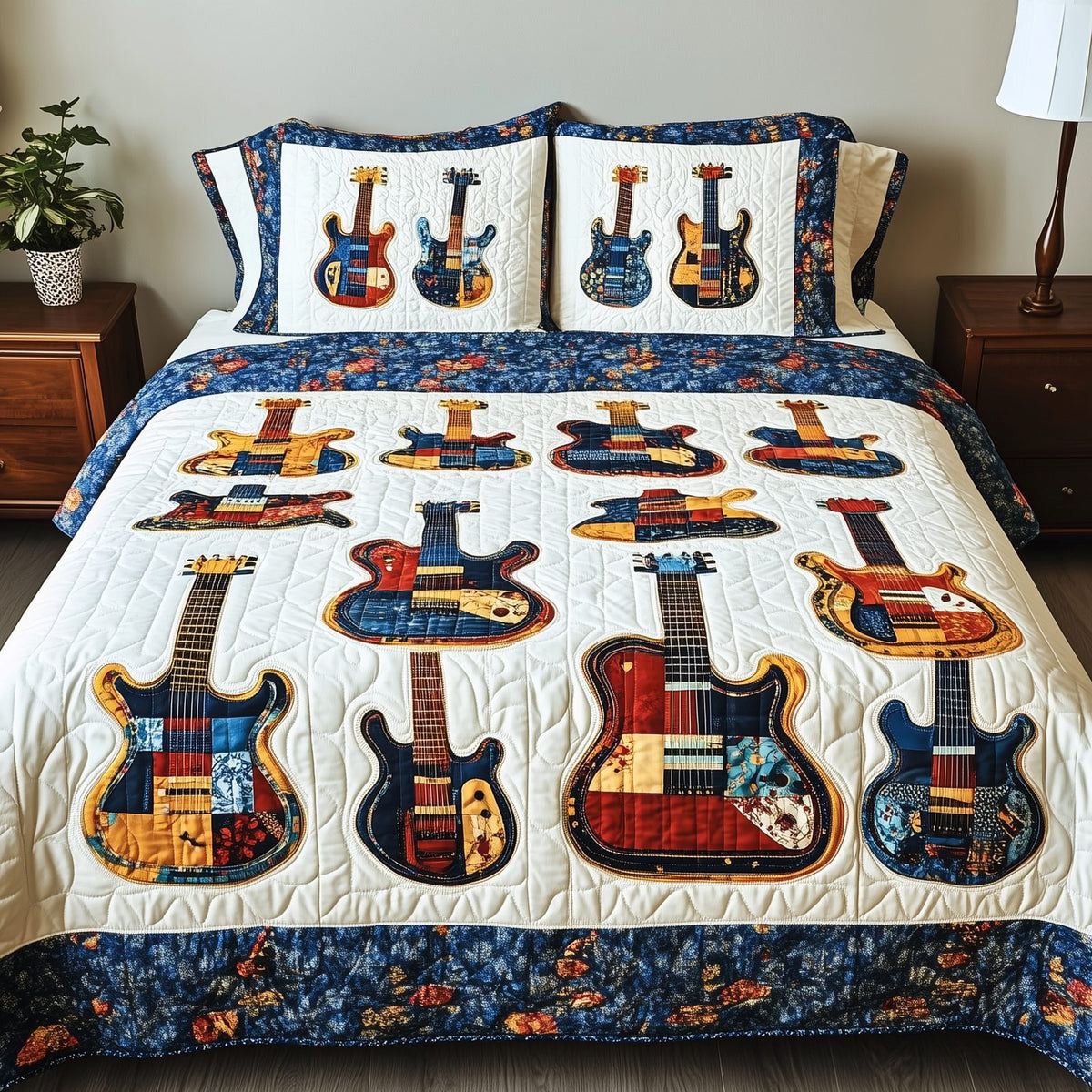 Guitars quilted 3-piece bedding set on a made bed with two matching pillow shams