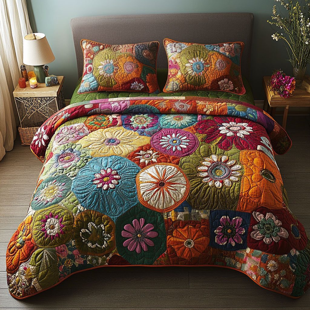 Gypsy Vibes quilted 3-piece bedding set on a made bed with two matching pillow shams