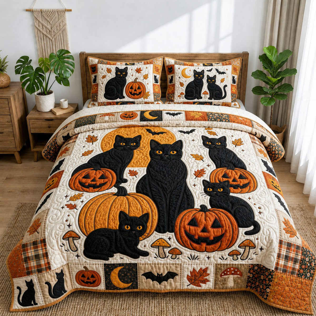Halloween Black Cats quilted 3-piece bedding set on a made bed against a dark styled interior