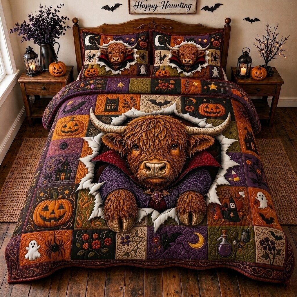Halloween Cow quilted 3-piece bedding set on a made bed against a dark styled interior