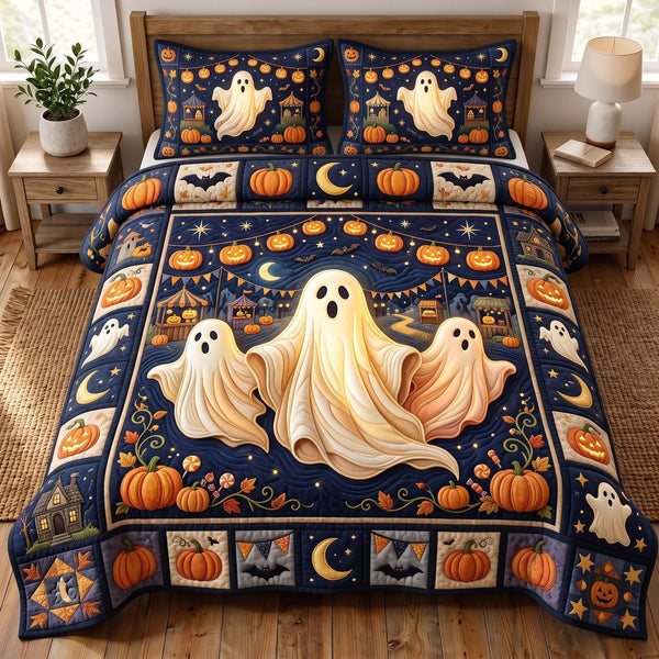 Halloween Ghost quilted 3-piece bedding set on a made bed against a dark styled interior