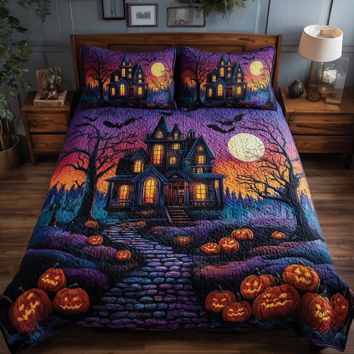 Halloween Night quilted 3-piece bedding set on a made bed against a dark styled interior