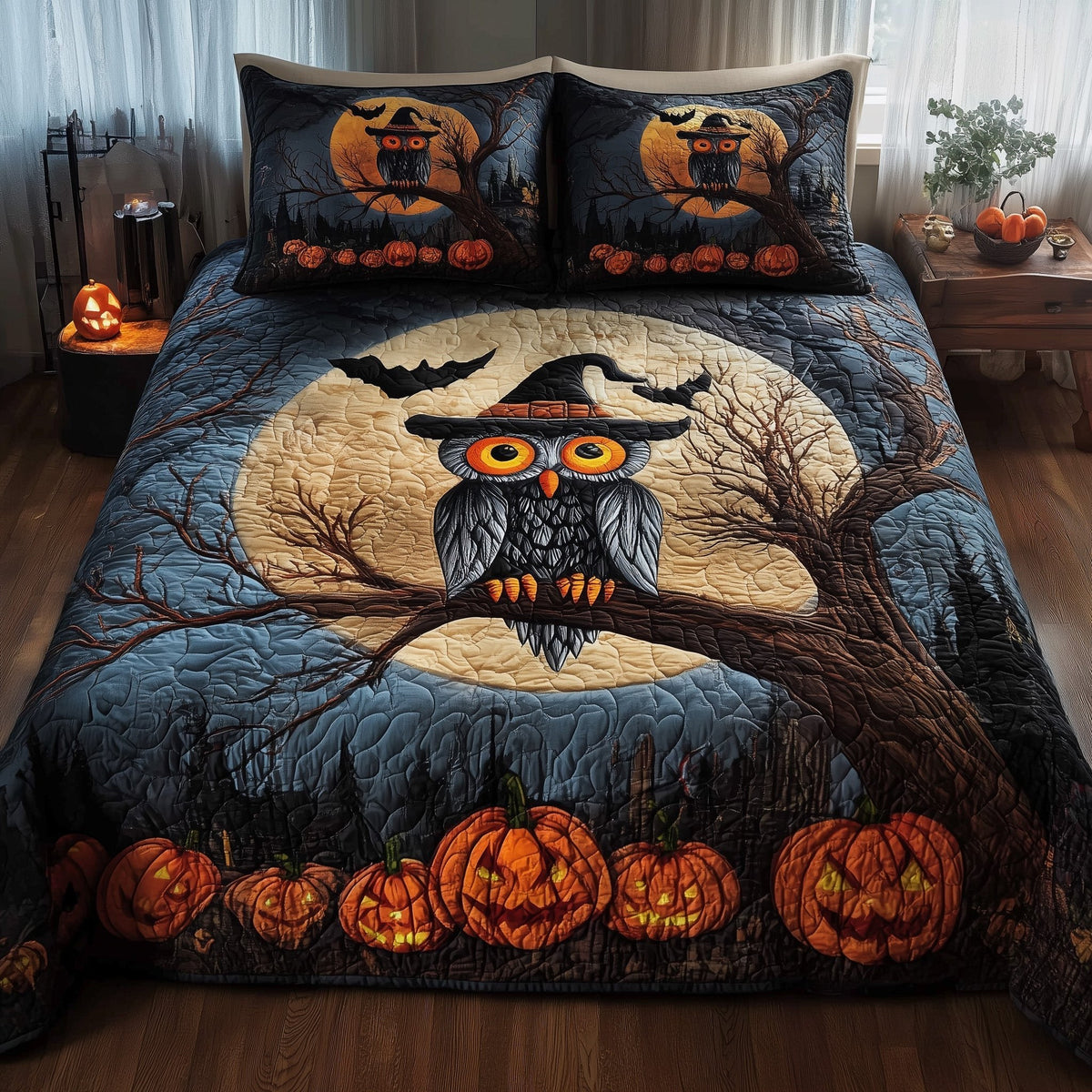 Halloween Owl quilted 3-piece bedding set on a made bed against a dark styled interior