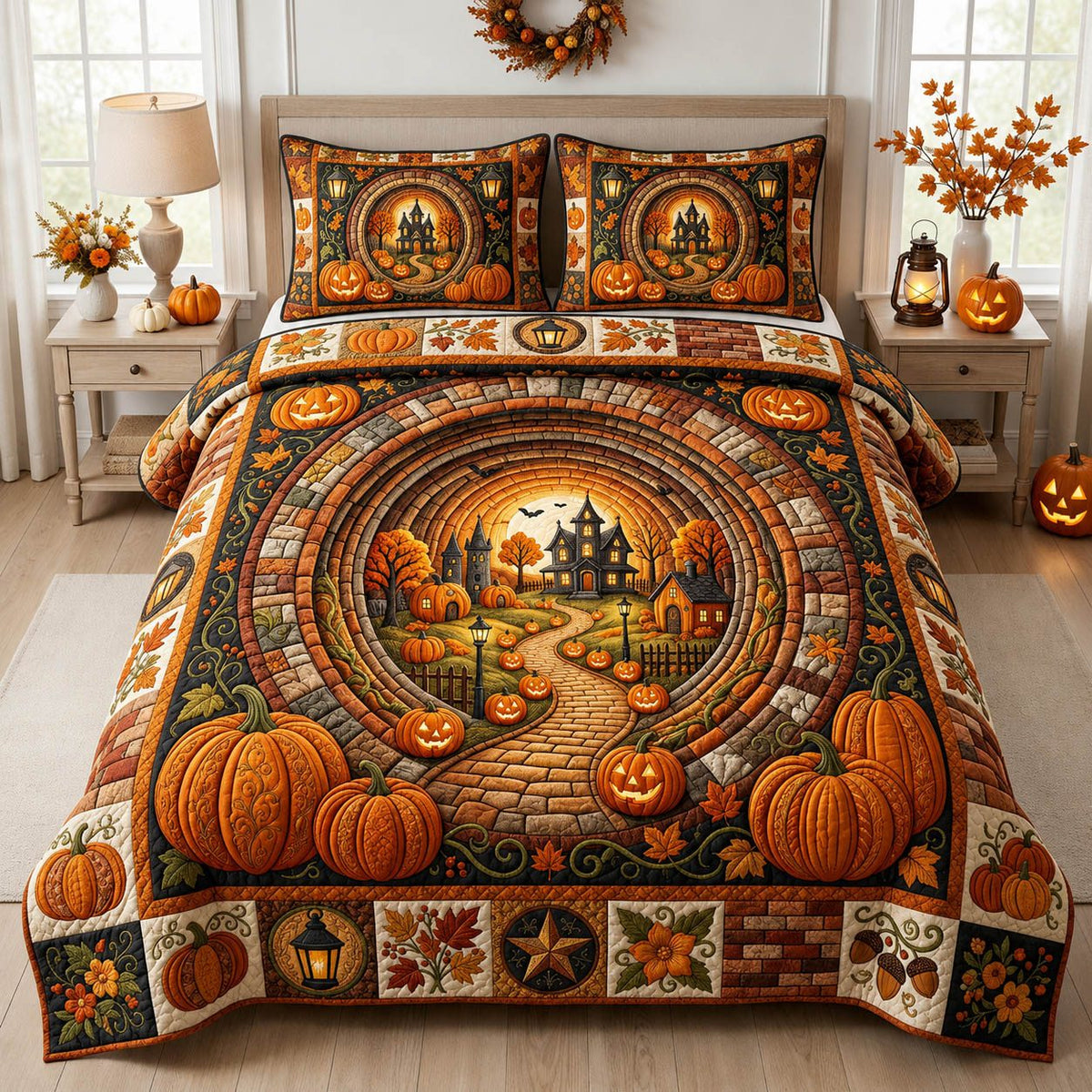 Halloween Pumpkin quilted 3-piece bedding set on a made bed against a dark styled interior