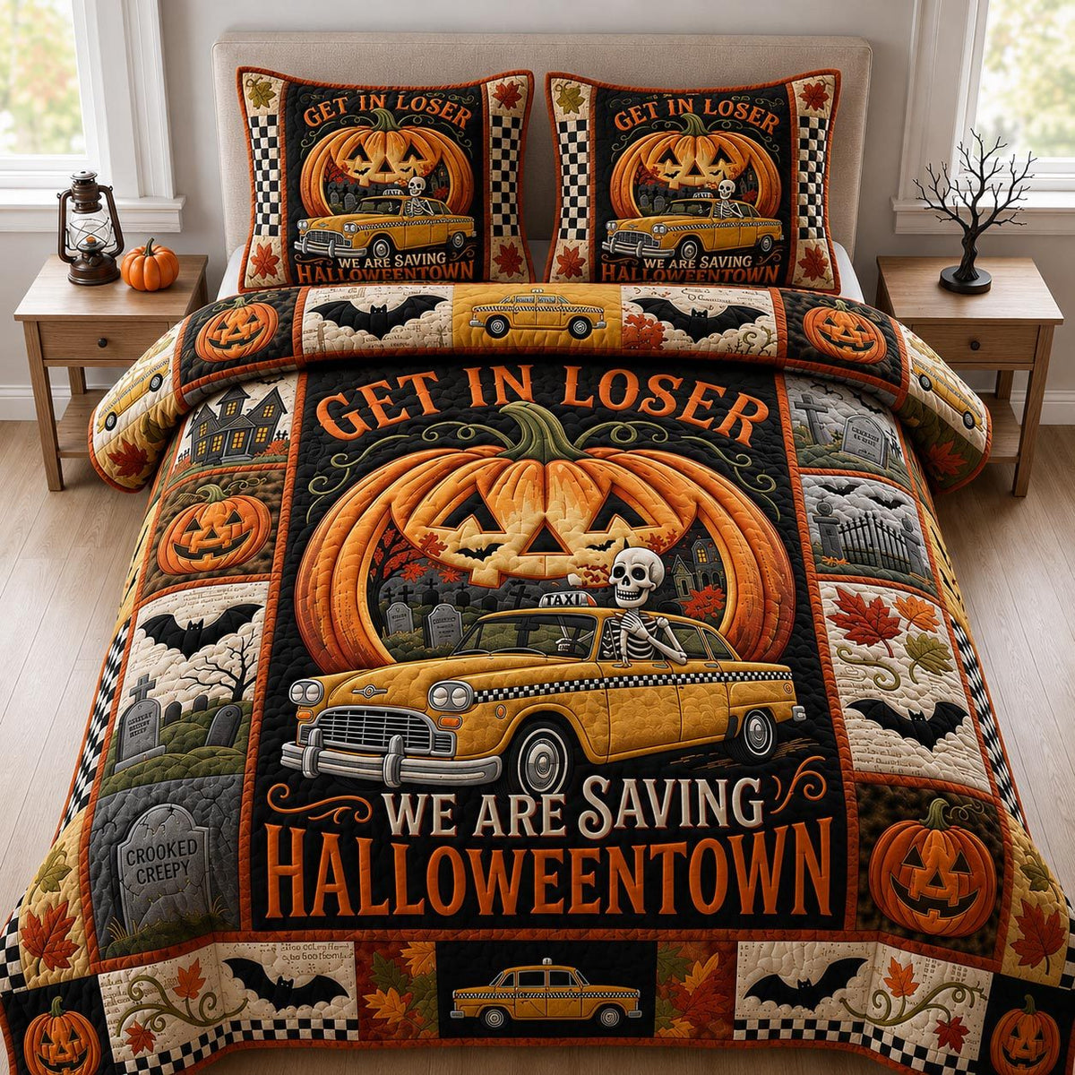 Halloween Town quilted 3-piece bedding set on a made bed against a dark styled interior