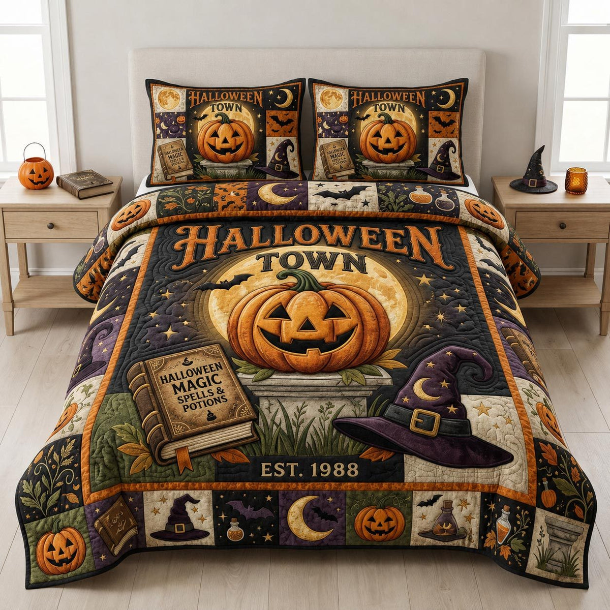 Halloween Town quilted 3-piece bedding set on a made bed against a dark styled interior