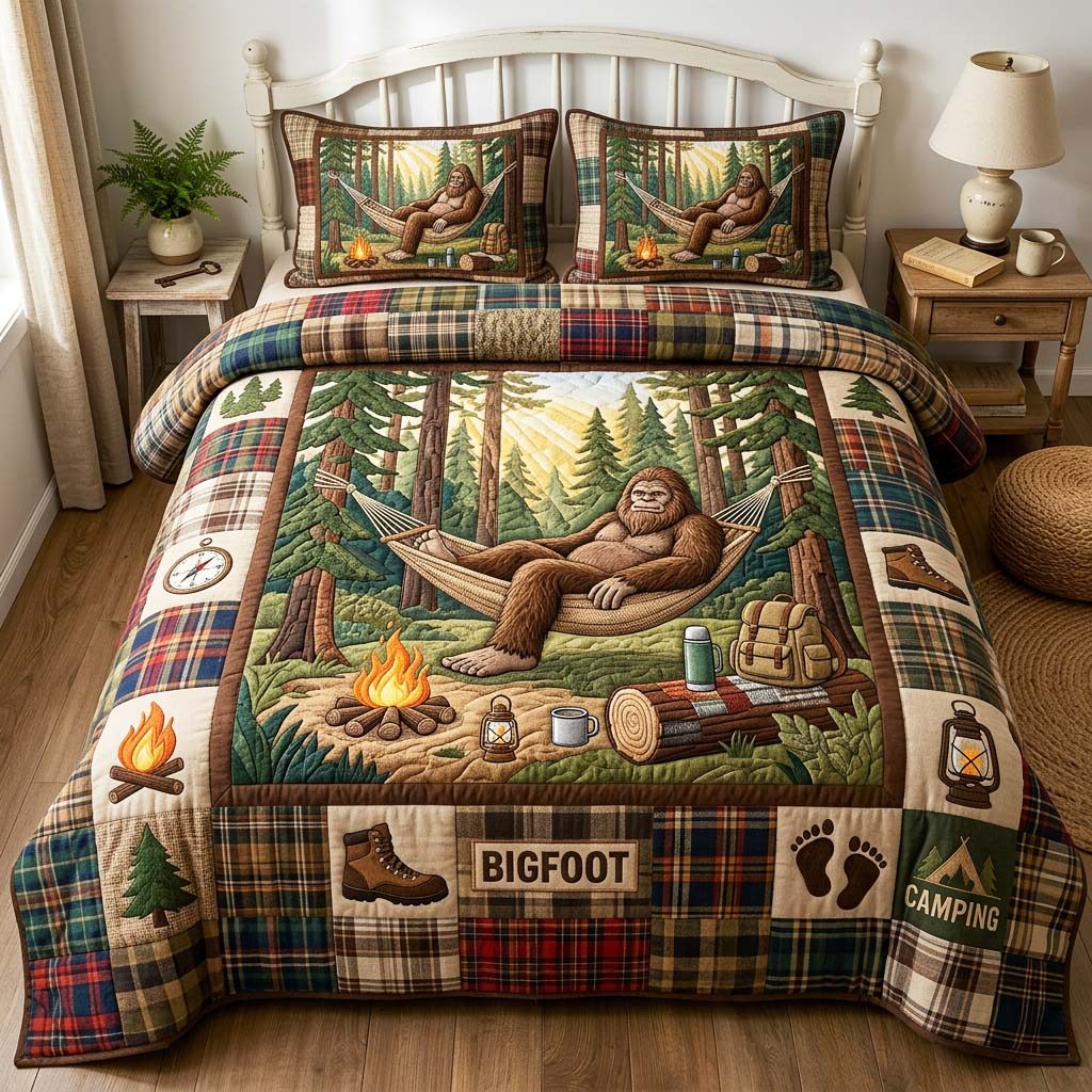 Hammock Bigfoot quilted 3-piece bedding set on a made bed with two matching pillow shams