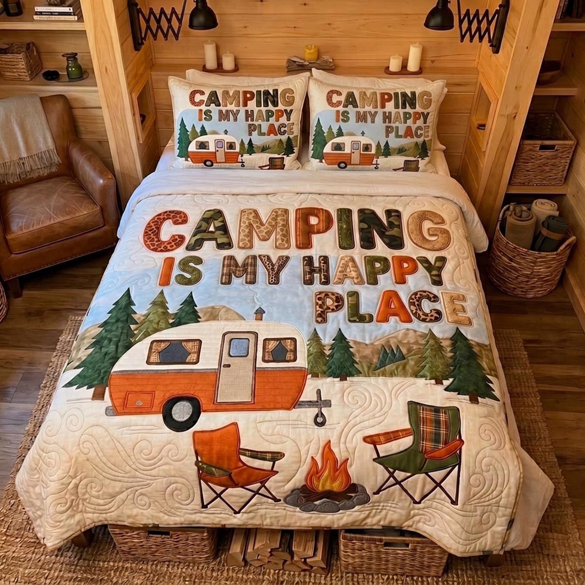 Happy Campers quilted 3-piece bedding set on a made bed with two matching pillow shams